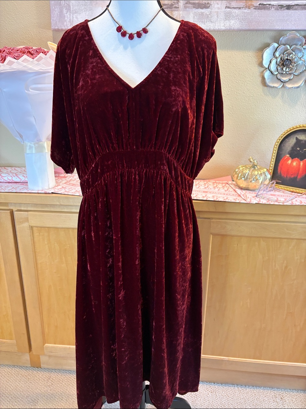 CAbi Velvet Midi Dress in Deep Burgundy
